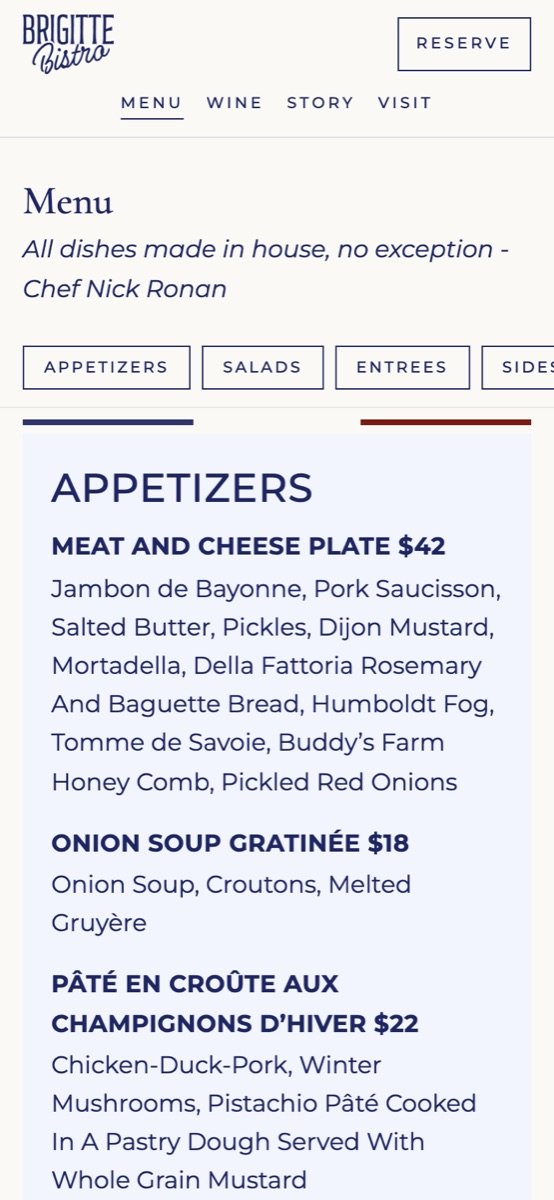 The menu page on a phone