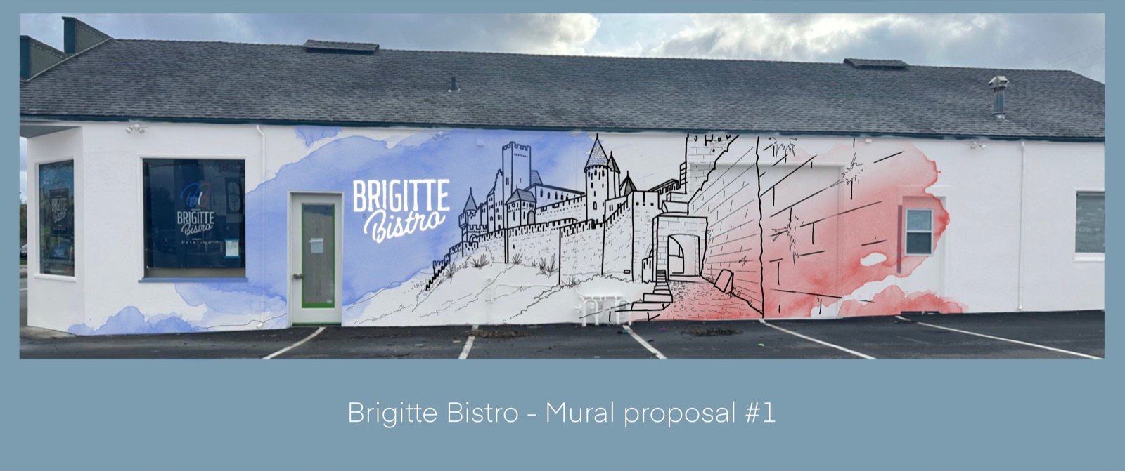 Mural mockup drawn over a photo of the building