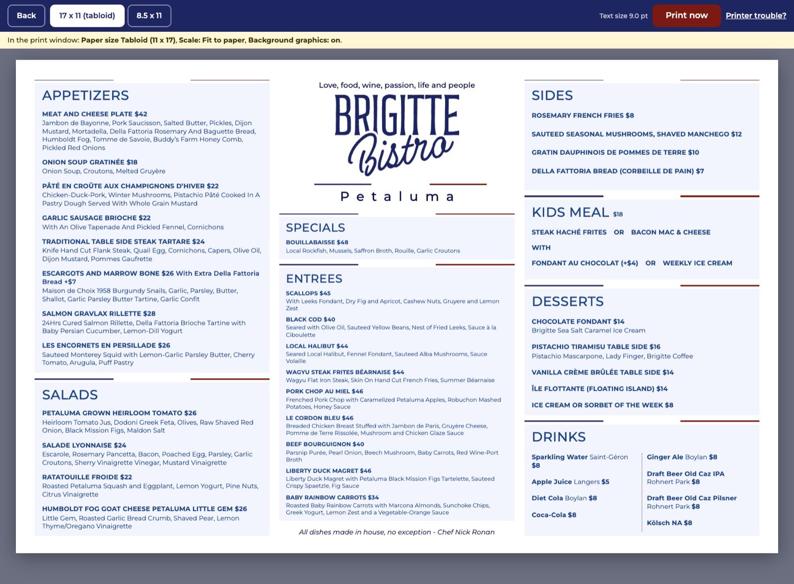 The print-ready 17 by 11 menu made by the editor