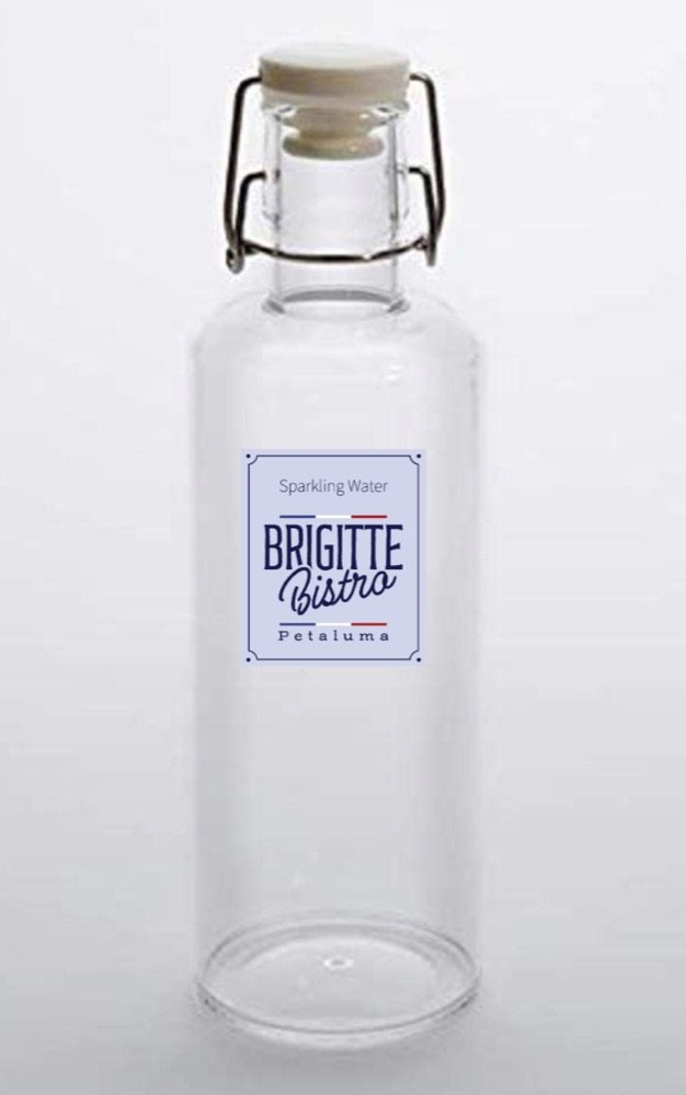 Glass water bottle with the Brigitte Bistro label